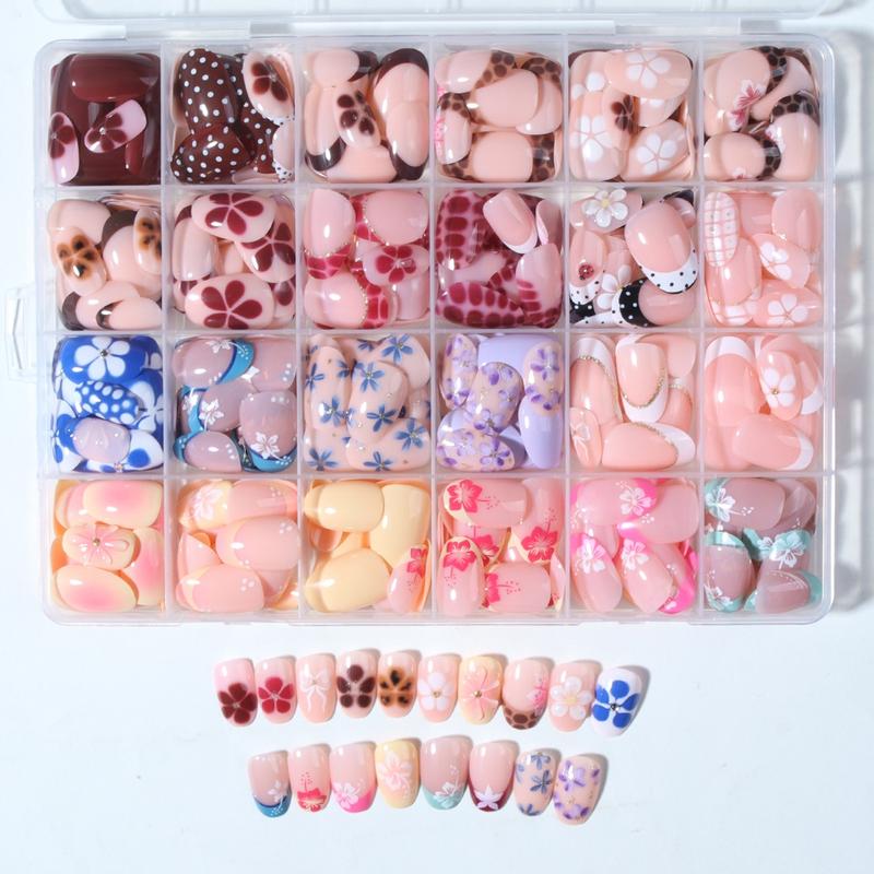 576 Piece Acrylic Press-On Nails Set, Short Oval Leopard French Flower Bow Design, Easy Wear Nail Art for Women Girls, Acrylic Fake Nails