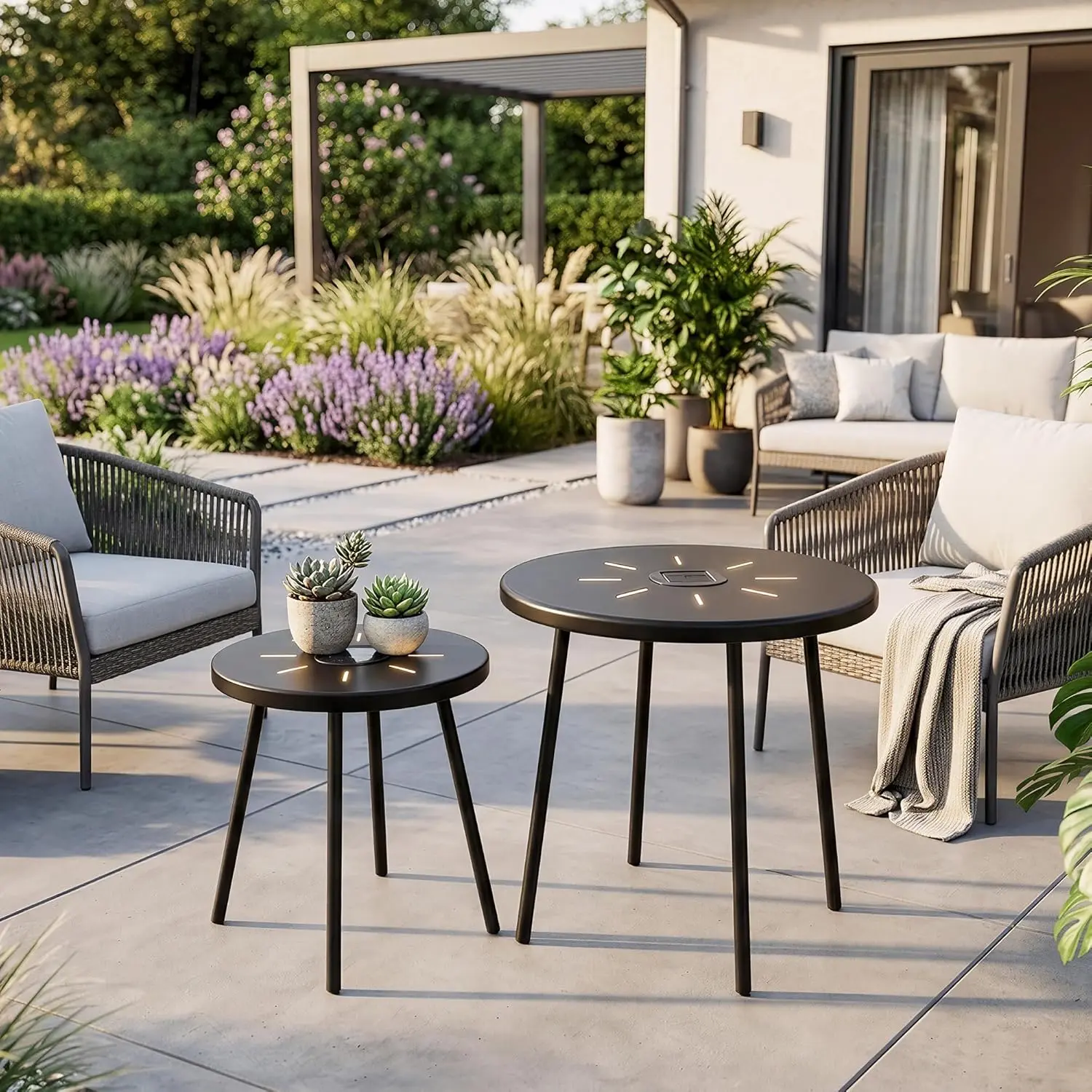 Solar-Powered Round Nesting Side Table Set, Black Metal, 2-Pack, with LED Light, Indoor/Outdoor Patio End Tables
