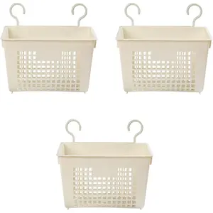 3 count Plastic Hanging Baskets for Shower, Hanging Basket Organizer with Hooks, Rectangle 11.3Inches Small Hanging Storage Basket (Beige)