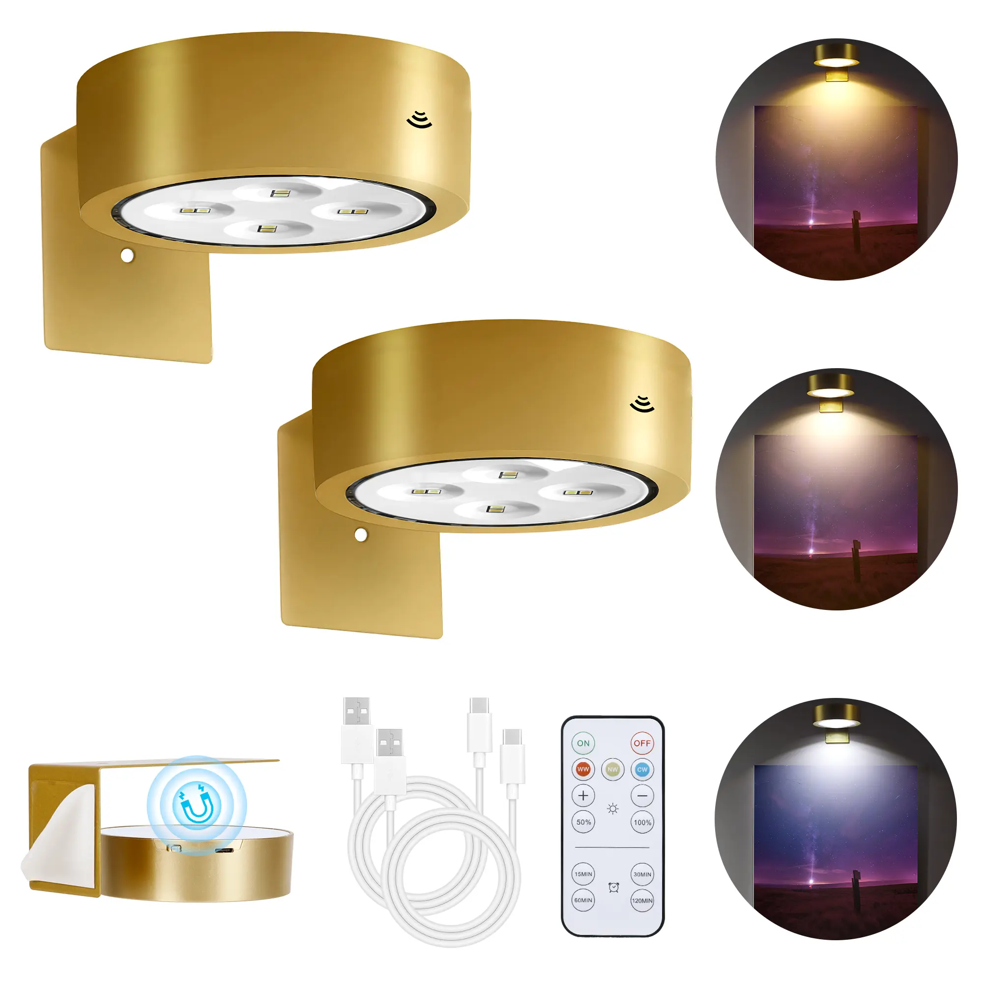Rechargeable Battery Picture Light, Led Painting Light with Remote Control Dimmable and Timer, 3 Lighting Modes Magnetic Art Display Light for Paintings, Wireless Wall Decor Puck Light, Pack of 2 Wireless Magnetic