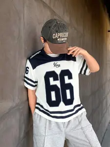 Boys' Casual American Street Style Round Neck Short Sleeve T-Shirt, Geometric Pattern, Fitted Long Clothing, Spring Summer Wear, Graphic Tees