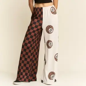 Checkered & Leopard Print Wide Leg Pants with Number 8 Design for Women