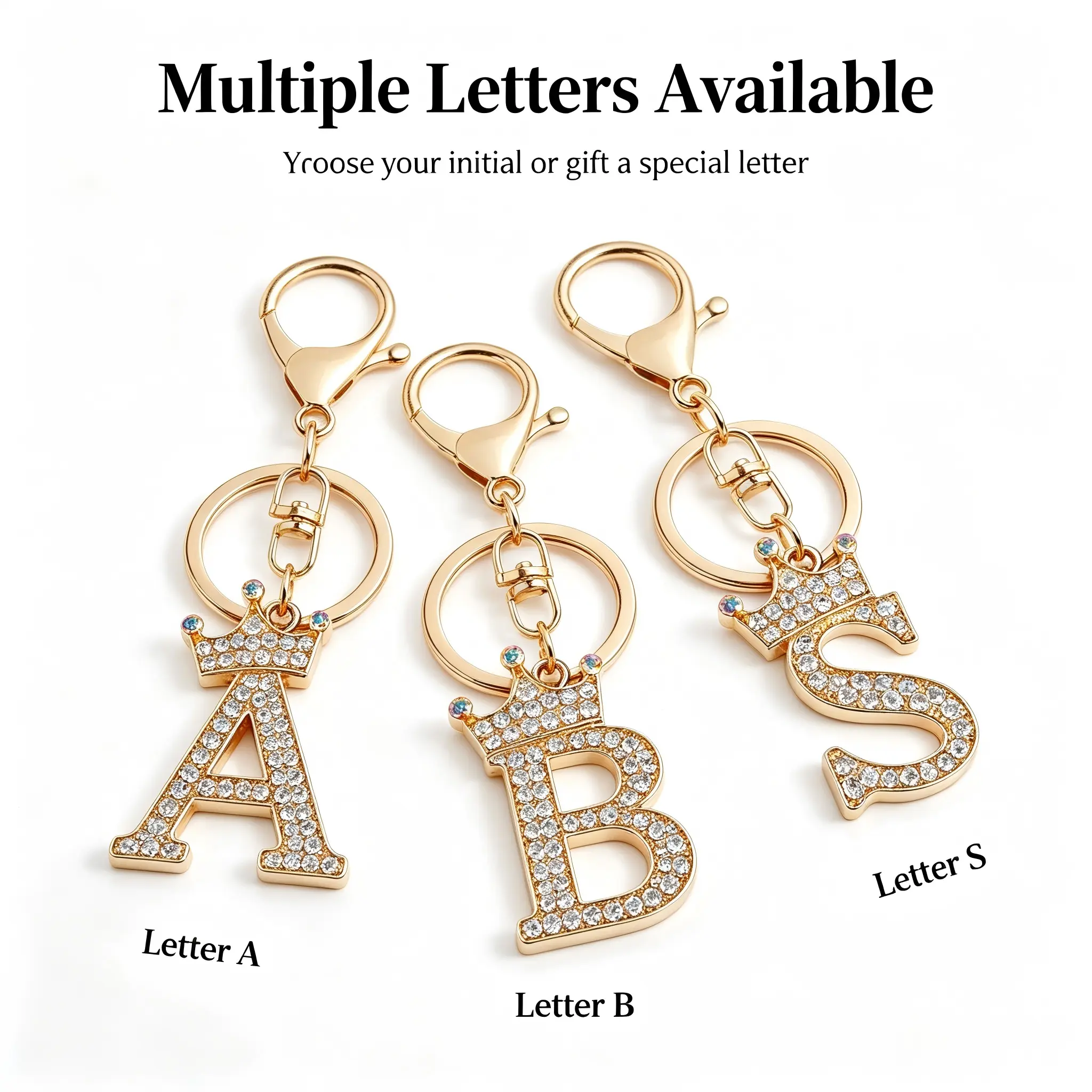 Customizable A-Z Initial Letter Keychain with Crystal Crown Pendant - Stylish Keychain, Personalized Message, Mom Lettering - Fashion Accessory for Purse/Wallet, Birthday Gift for Mom, Key Chain Charms, Letter Print