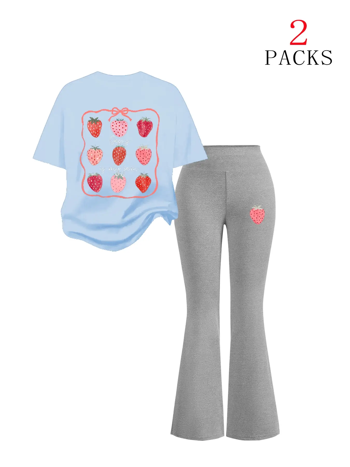 Women's Strawberry Print Tee & Flare Pants Set, Comfortable Slim-Fit Summer, Perfect Gift for Mom & Aunt, Y2K Style