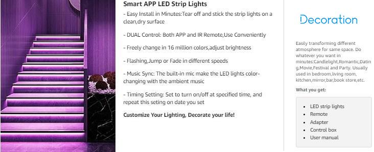 200FT 100FT 50FT Smart Led Strip Lights RGB Color Changing Time Setting Music Sync Strip Lights with both App and Remote Control for Bedroom Indoor Lighting, for Christmas Gifts