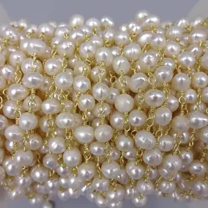 2Ft. 4-5MM Fresh Water Pearl Potato Shaped Rosary Style Beaded Chain. Wire Wrapping Chain. Premier quality Non Tarnish Gold Wire.