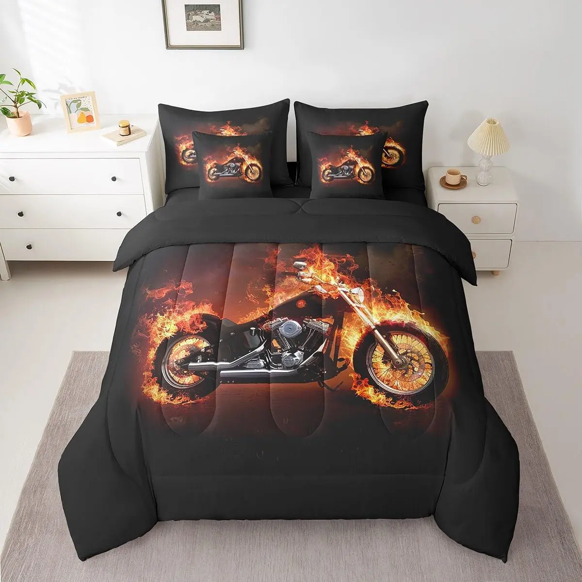 Comforter Set 7 Pcs Motorcycle Bed in a Bag Extreme Sports Bedding Set for Kids Boys Cool Motor Bike Comforter Red Black Retro Motorcycle Bed Set with Sheets,Pillowcases,Pillow Covers