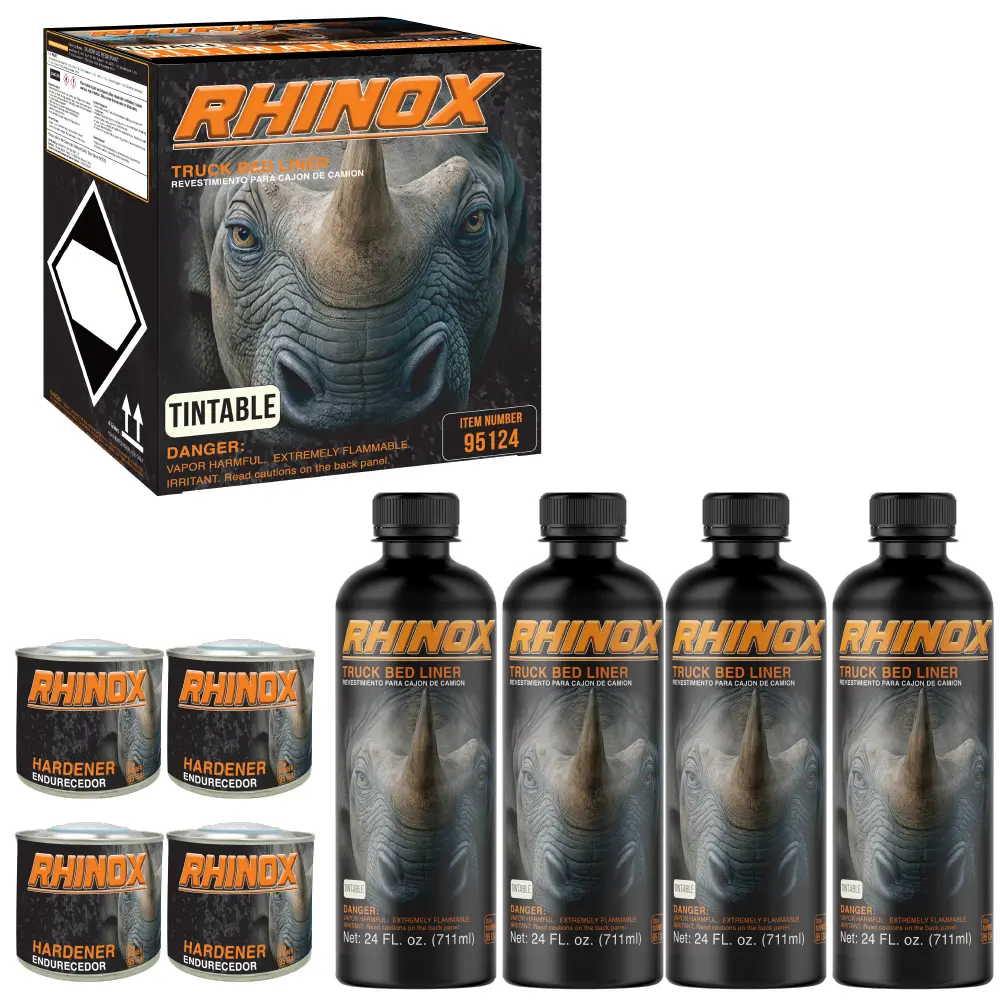 RHINOX Tintable 1 Gal Spray-On Truck Bed Liner Kit - 4 Liners, 4 Hardeners, 1 Applicator Spray Gun, 3:1 Mix Ratio, Durable Textured Coating, Easy Mix-Shake-Apply Process, Protection for Truck Beds