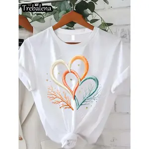 Trebalena Women's T-Shirt- Heart Coral Print Casual Short Sleeve Round Neck Spring Summer Top, Friendly Street Style T-Shirt, Short Sleeve Round Neck, Breathable Suitable for Beach, Office and Casual Outfits(Pink)