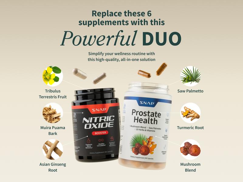 Snap Supplements - Nitric Oxide Booster 90ct + Prostate Health Bundle - Natural Supplement Capsules - Support Blood Circulation & Prostate Health Snap Supplements - Nitric Oxide Booster 90ct + Prostate Health Bundle - Natural Supplement Capsules - Support Blood Circulation & Prostate Health