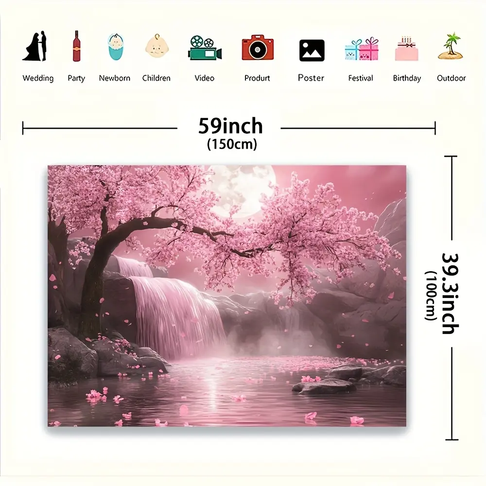 Cherry Blossom Backdrop with Pink Sakura Tree & Waterfall Scene - Vibrant Polyester Fabric Wall Art for Living Room, Outdoor Porch, or Home Decor,    Natureinspired Design |    Outdoor Porch Decoration |   Scenic Tapestry summerwins