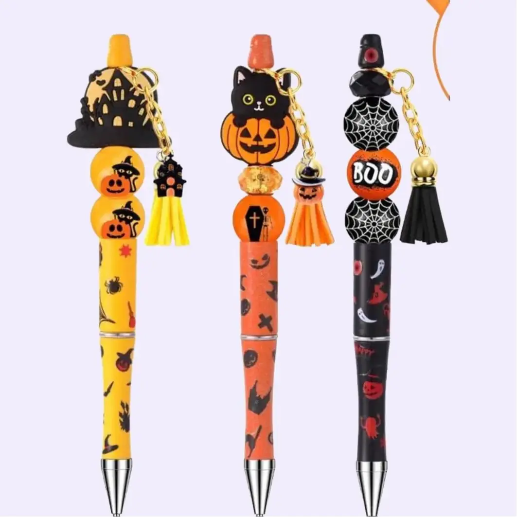 Halloween Beadable Pen Kit Sets - 3, 6, Or 12 Pens with Pumpkin Bead Designs & Sticker Pendants, DIY Crafting & Fall Decor Supplies for All Ages to Boost Halloween Spirit