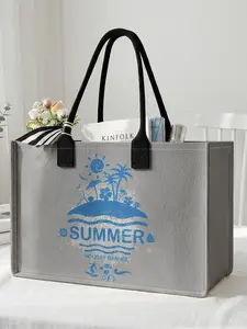 1 piece of summer island pattern + SUMMER slogan 2D printed large capacity storage bag, extra large storage bag, sturdy handle, space-saving multi-purpose, suitable for use at school, on business trips, and shopping