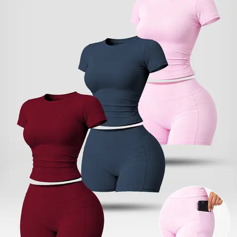 NVWA Women's 2-Piece Dry Fit Performance Fitness Activewear Set - Round Neck Cooling Quick-Drying Flattering Top, High Waist Pocket Shorts for Yoga, Gym Outfits