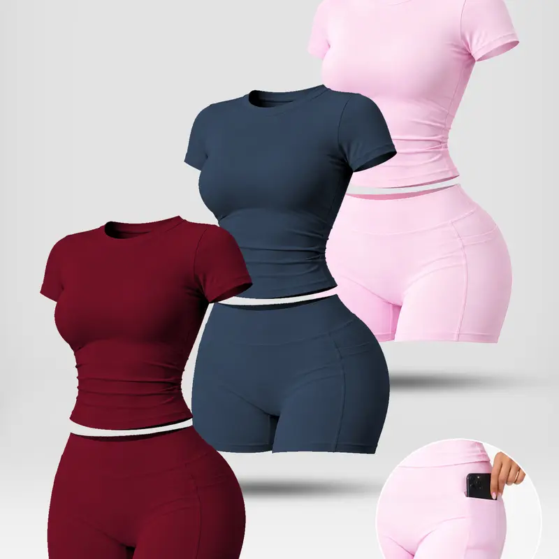 NVWA Women's 2-Piece Dry Fit Performance Fitness Activewear Set - Round Neck Cooling Quick-Drying Flattering Top, High Waist Pocket Shorts for Yoga, Gym Outfits,outdoorfun