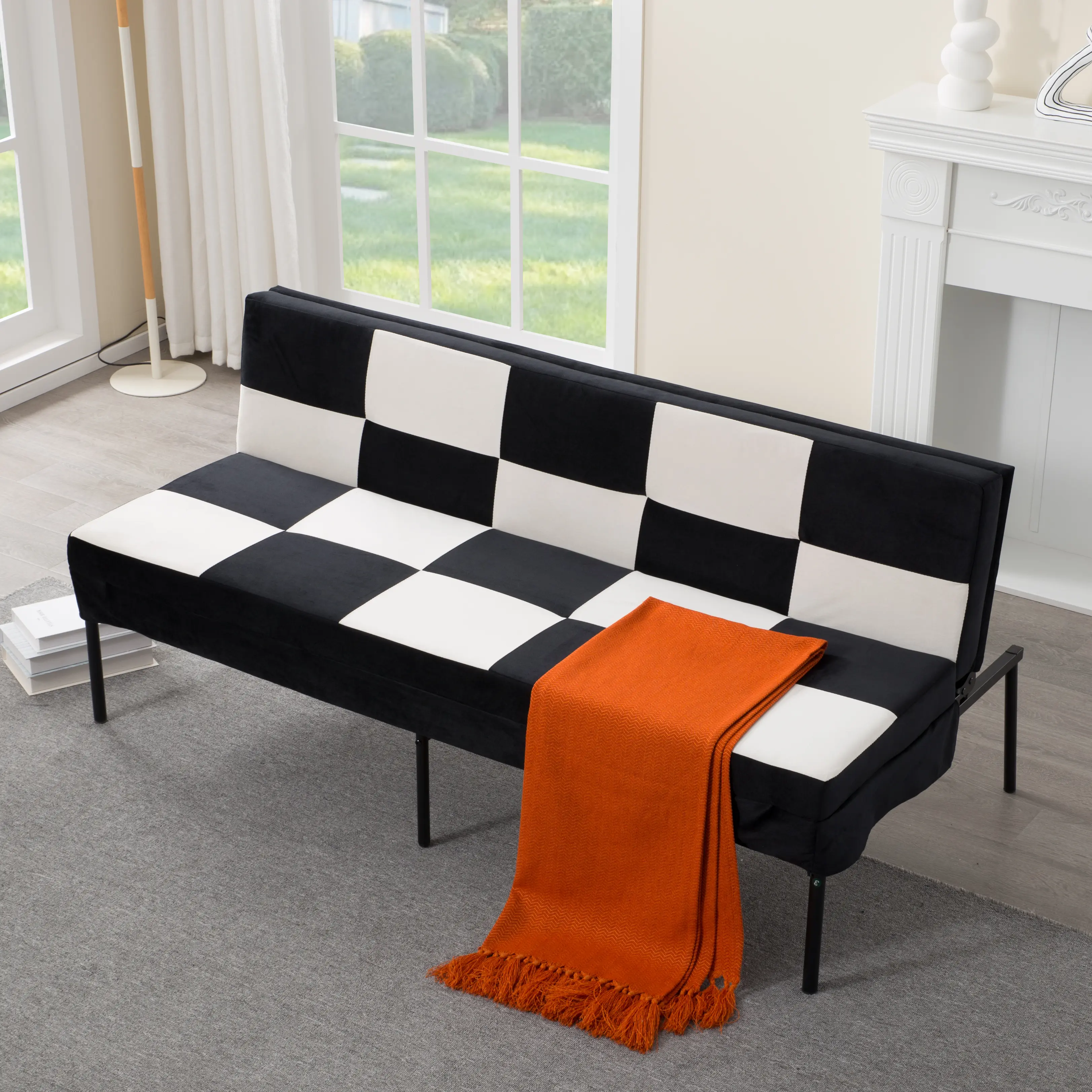 63.39" Single Seat Velvet Futon Couch - Iron Frame Convert Sofa Bed with 5 Adjustable Positions for Modern Living Room, Bedroom Comfort