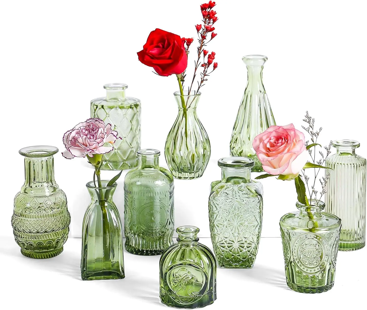 Vintage Small Glass Vases Set of 10,Mini Bud Vases for Flowers,Amber Glass Vases for Centerpieces,Wedding Decorations,Home Table Flower Decor (Hunt Green)
