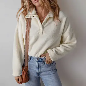 White Fleece Placket Turn-down Collar Drop Shoulder Sweatshirt