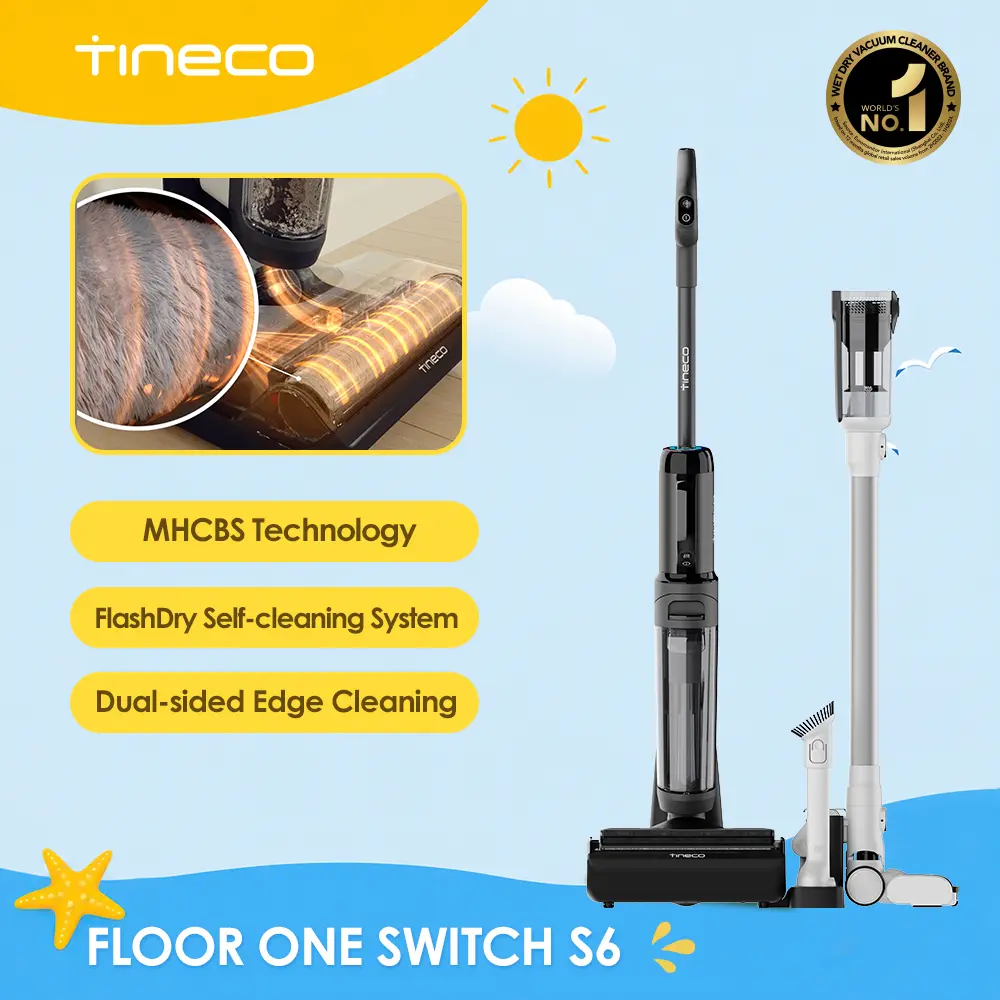 Tineco FLOOR ONE Switch S6 Wet Dry Vacuum Cleaner,Smart Floor Washer,5-in-1 Multi-Function,Self-Cleaning,5min Flash Dry, ZeroTangle Brush,Dual-Edge Cleaning,Whole-House Cleaning, Handheld Vacuum, Battery Powered Vacuum, Multi Surface Vacuum