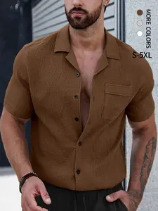 Men's Summer Casual Button-Front Short Sleeve Blouse Shirts Top, Textured Cuban Collar Design, Breathable Elastic Fabric, S-5xl