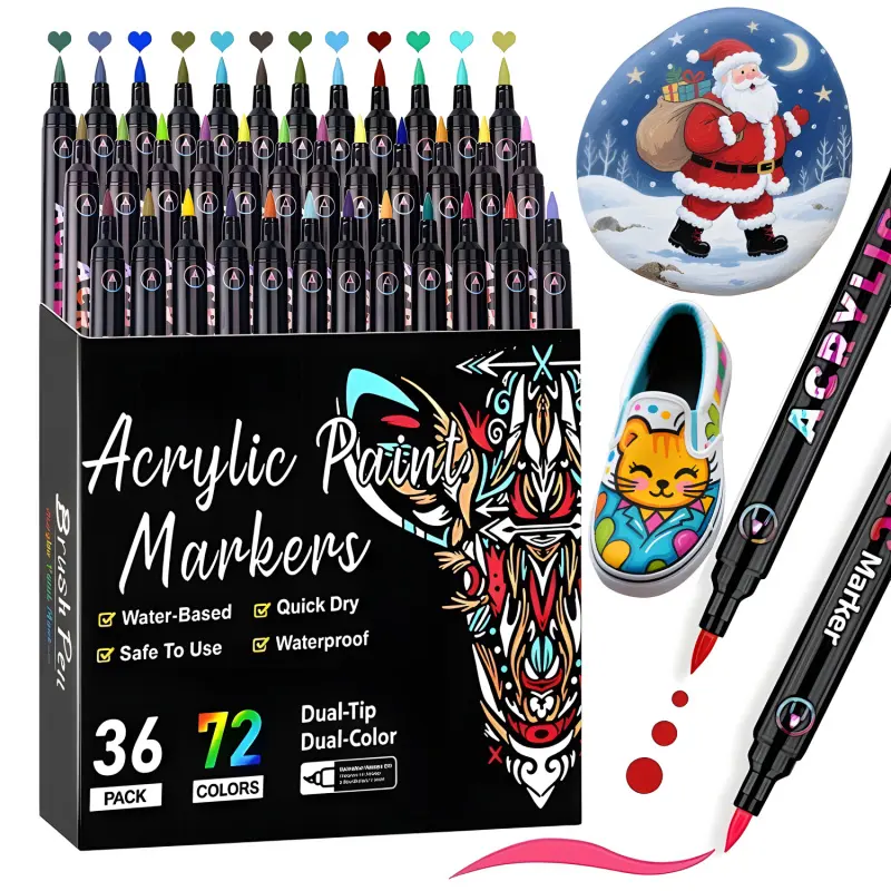 Acrylic Paint Markers Pens Set, Dual Tip Dual-Color Brush Tips Acrylic Paint Pens,Creative Coloring Markers Drawing Markers for Rocks, Wood, Canvas, Stone, Fabric, Plastic DIY Art Supplies Back to school Acrylic Painting Pens