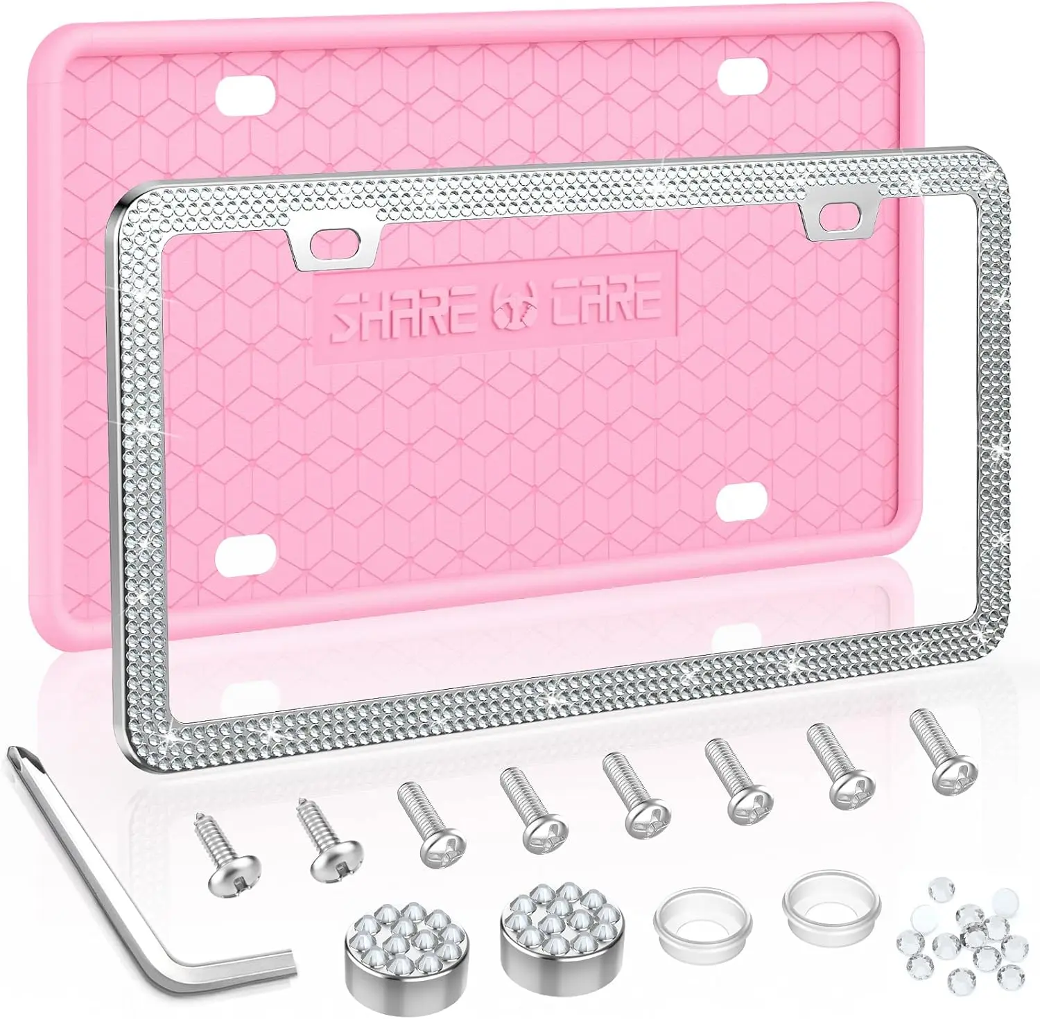 2 Pack License Plate Frame Include 1  License Plate Frame and 1  License Plate Cover with Rhinestone   Screw Set  Bling License Plate Frames ( + White)