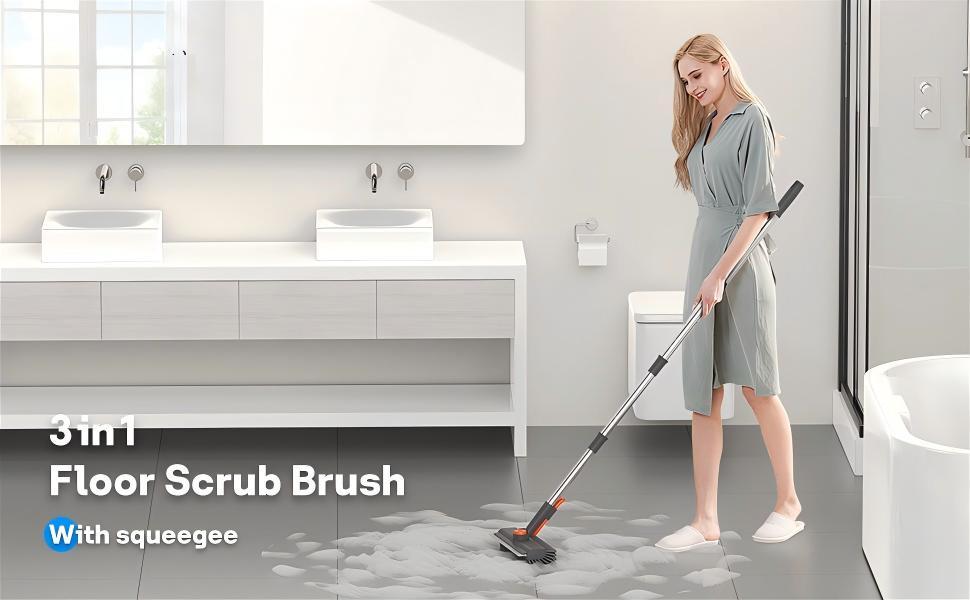 Floor Scrub Brush with Long Handle, 3 in 1 Scrape and Heavy-Duty Stiff Bristle Scrubber Brush for Cleaning Shower Bathroom, Patio, Pool, Garage, Kitchen, Wall and Deck (Gray, 1 Pack)