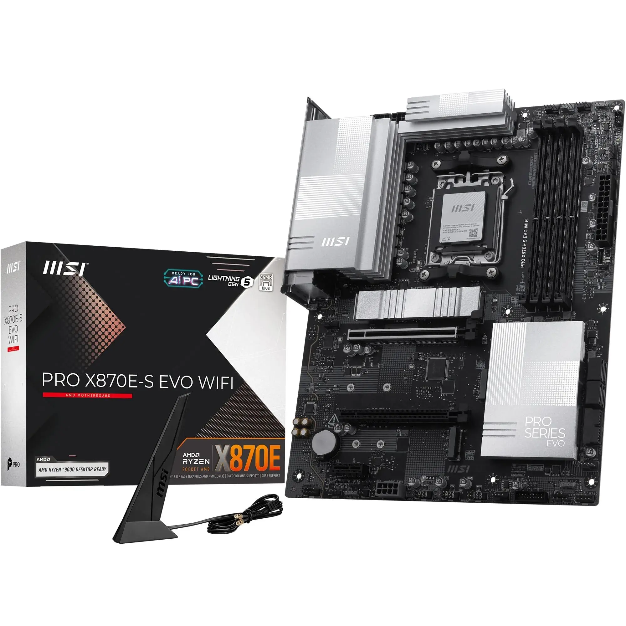 MSI PRO X870E-S EVO WiFi Motherboard, ATX - Supports AMD Ryzen 9000/8000 / 7000 Processors, AM5-60A SPS VRM, DDR5 Memory Boost