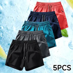 Men’s 5-piece set of drawstring zip-pocket shorts—summer casual beach shorts with an elastic waistband for everyday wear and breathability