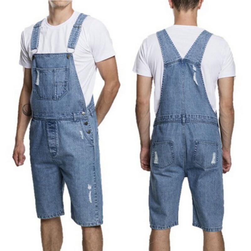 Plus Size S-3XL Men Denim Overalls Jumpsuit Shorts Ripped Hole Suspender Bib Jean Pants Cargo Work Summer Casual Slim Loose Street Wear Outfit Black Blue