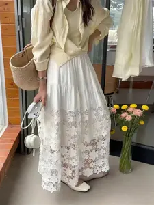 Women's Lace Floral Patchwork High Waist Skirt, Multi-Layer Cake Skirt, Drape Long Dress, Spring Summer Casual Style, Feminine