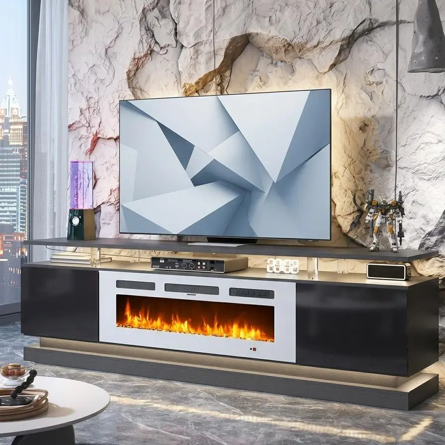 Floating TV Stand with 36" Electric Fireplace High Gloss Finish Wall Mounted Entertainment Center for TVs Up to 80" Black TV Stand and Black Fireplace with Adjustable Flame & RGB Light Strips