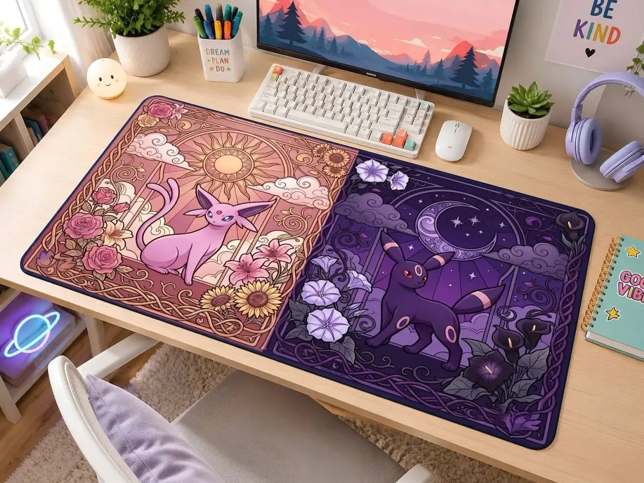 Mouse Pad Large Desk Mat Umbreon Espeon Mousepad Cute Purple Anime Desk Mat Gaming Desk Mat Gift-3mmThickness,Stitched Edges