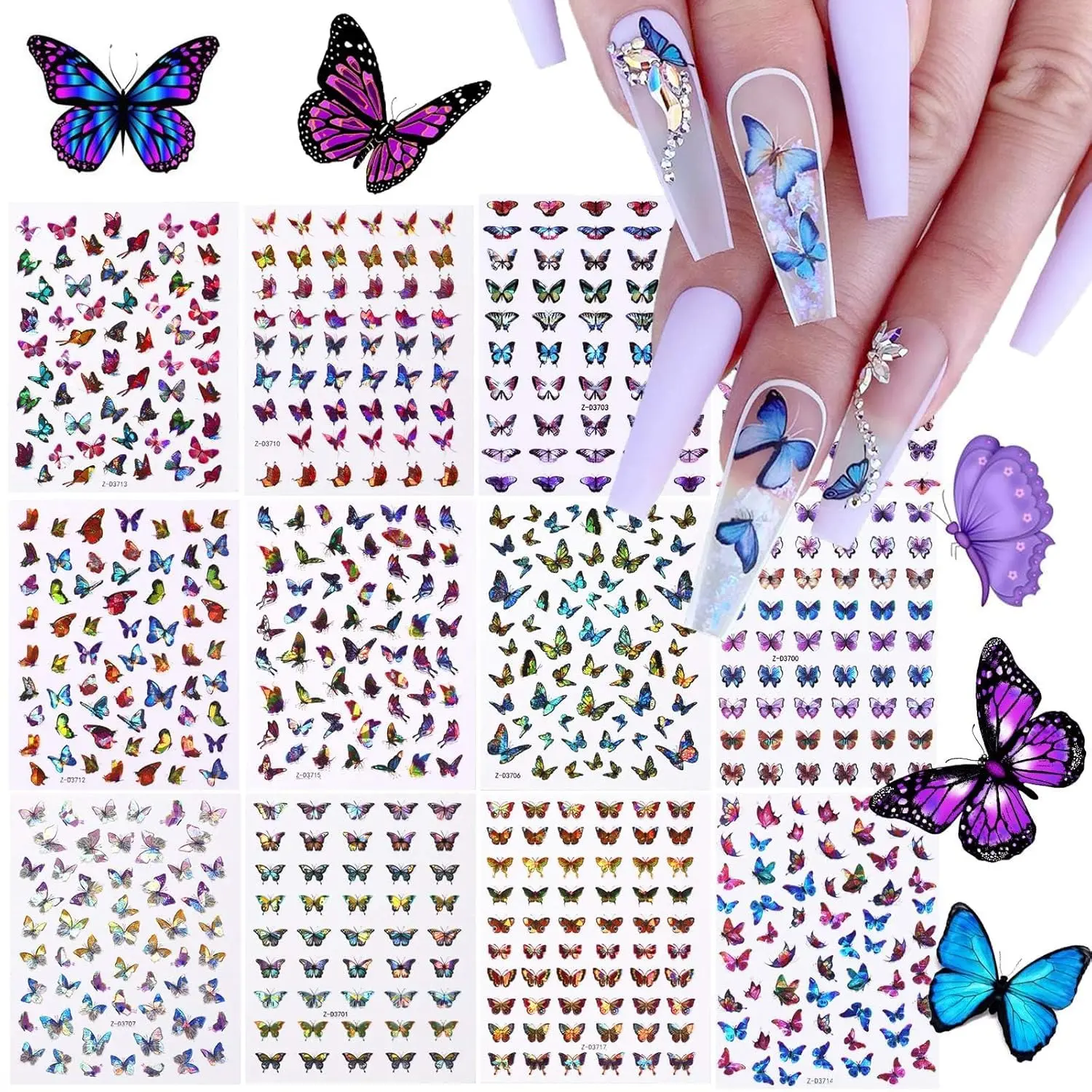 TOROKOM 12 Sheets Butterfly Nail Art Stickers Decals, Self-Adhesive | 3D Nail Decals Butterfly Designs Nails Supplies Butterfly Stickers for DIY Colorful Laser Butterflies Nails Manicure Decor