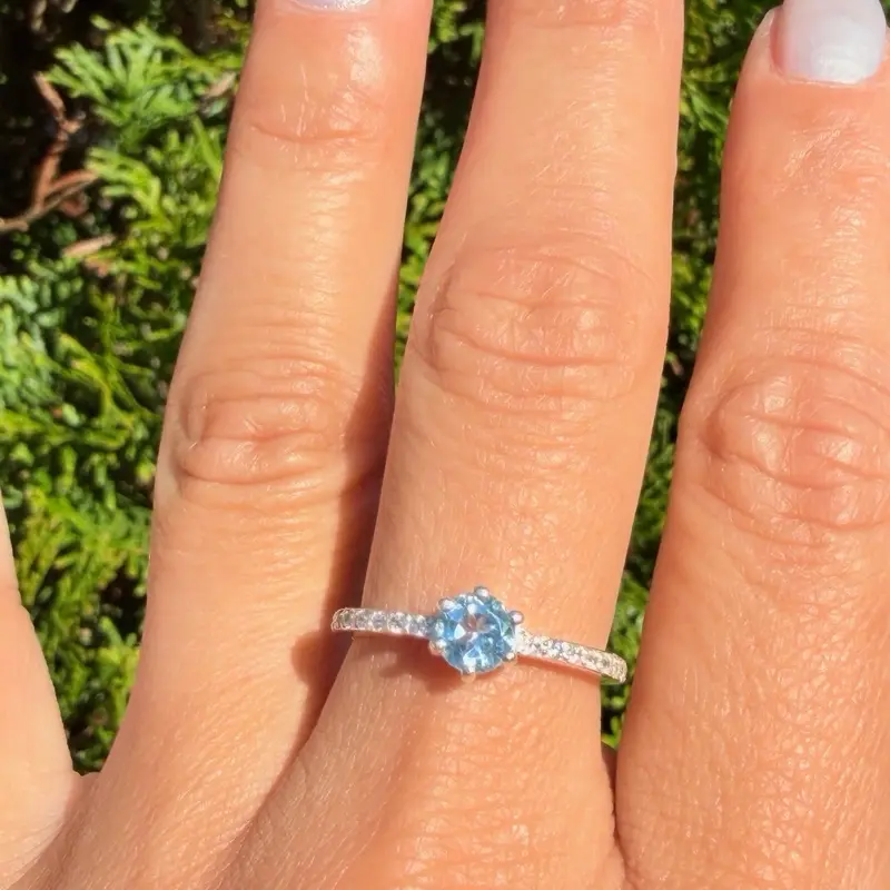 Blue Topaz Solitaire Ring | Sterling Silver CZ Accent Band | Dainty Stackable Ring | December Birthstone Gift | Minimalist Gemstone Ring