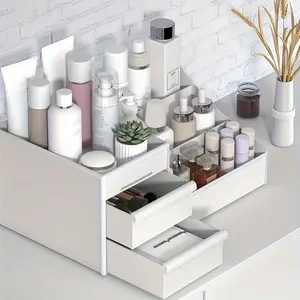 White Makeup Storage Box Desktop Cosmetic Organizer with Drawers for Dressing Table, Vanity Countertop, Bathroom Counter, Elegant Holder Brushes, Eyeshadow, Lipstick & Nail Polish