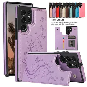 ROTUNOE Retro Flower Butterfly Pattern Wallet Case for Samsung Galaxy S26 Ultra Plus S25 S24 S23 Ultra Plus, PU Leather Card Holder Slots, Flip Stand Shockproof Phone Case Cover