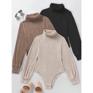 Women's Fall Winter 3-Piece Set, Fashionable Slim Fit Ribbed High Neck Fleece Lined Long Sleeve Bodysuit, Comfortable Underwear