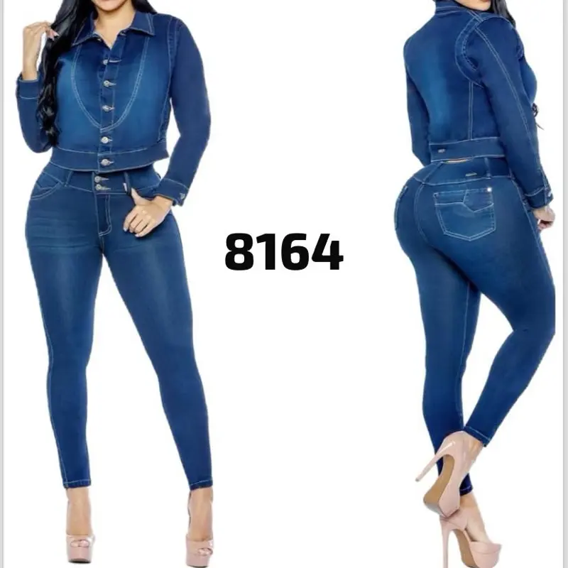 Colombian Women's 2-Piece Denim Set - Stretchy Fashion Jacket and Skinny Fit Jeans for a Casual Chic Style, Skinny Slim, Slim-Fitting