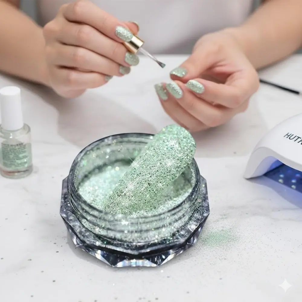 Holographic Glitter Diamond Powder Set, Ultra-Fine Fast-Dry Nail Art Glitter Dust, Anti-Clump Easy Application, Leakproof Bottles for Professional Nail Design