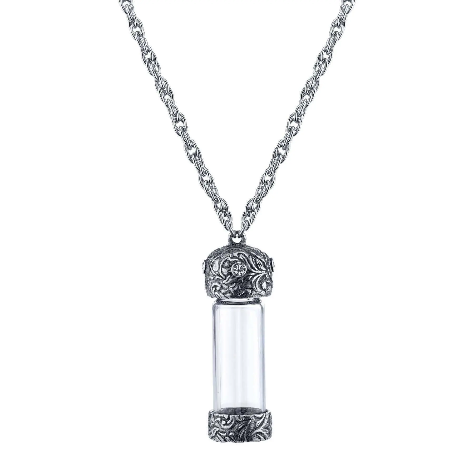 Antiqued Vine & Crystal Glass Vial Necklace 30"