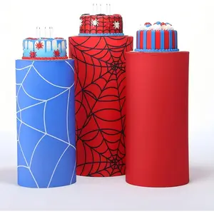 Set of 3 Spider Themed Spandex Cylinder Stand Covers for Carnival Party, Red Blue Cylinder Pedestal Cover, Dessert Table Display for Birthday Baby Shower Backdrop Decor