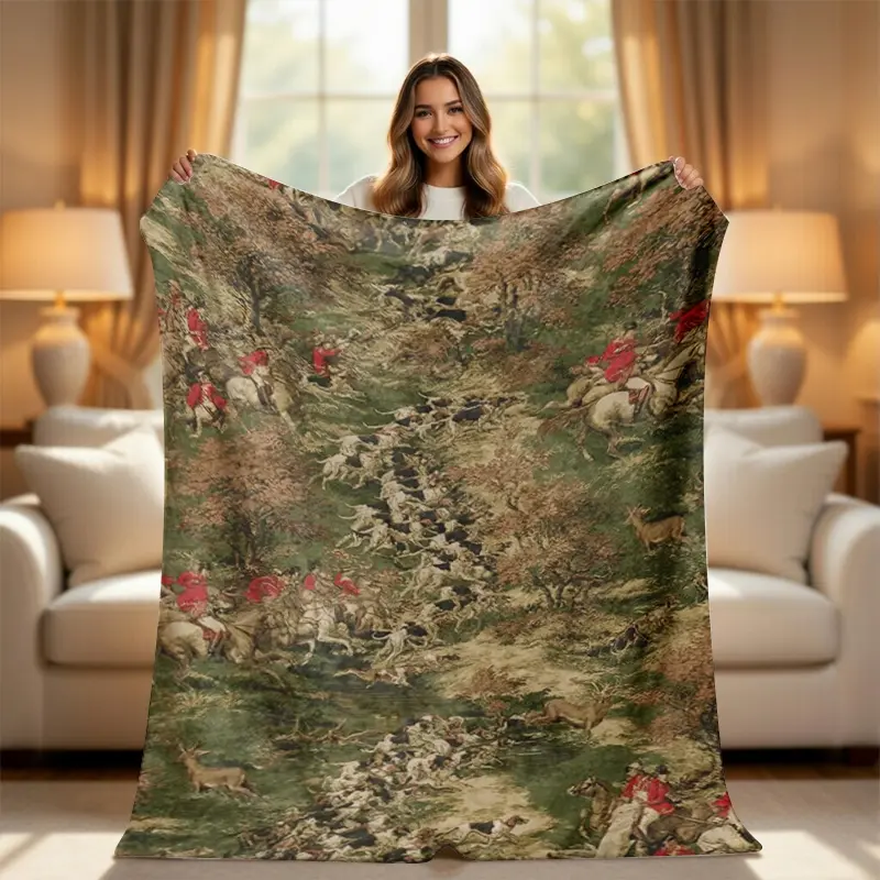Vintage English Hunt Scene Throw Blanket - Old Money Aesthetic Forest Toile  Blanket - Retro Equestrian & Fox Hunt Decor - Classic Heritage Style Plush Blanket