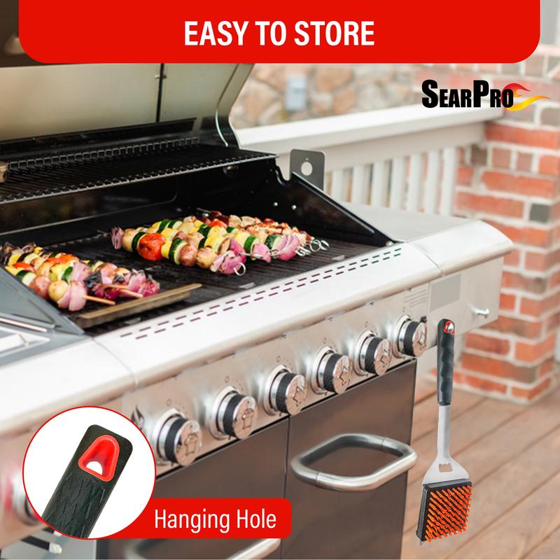 SearPro 4-in1 Grill Brush Spatula BBQ Cleaner Scraper Barbecue Tool Accessories Kit Heat Resistant Nylon Bristle Spatula Outdoor Smoker Black Stone Grate Cast Iron Spatula Non-Wire Brush Combo