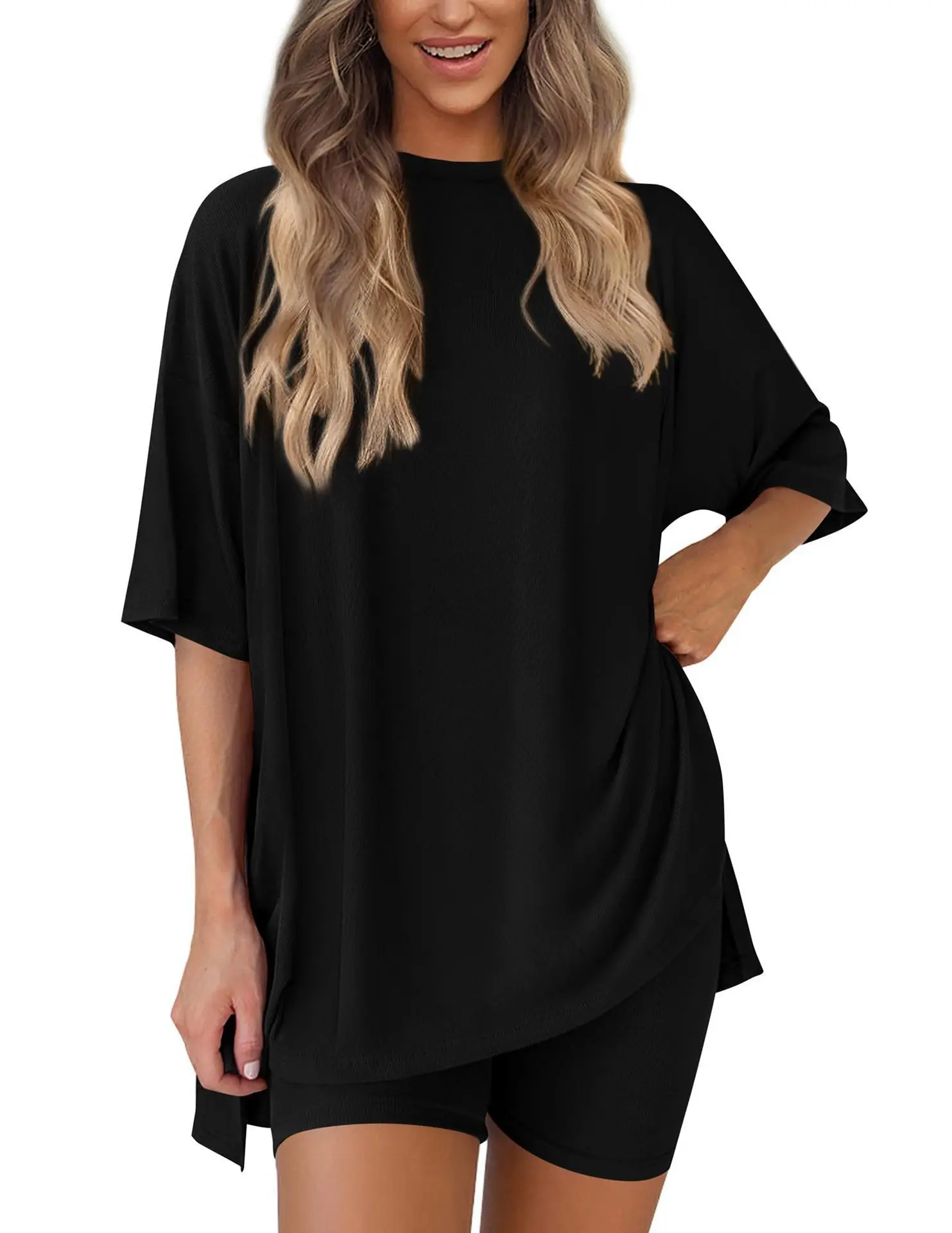 Women's 2-Piece Casual Lounge Set - Oversized Solid Tunic Top, Stretch Fabric Biker Shorts, Loose Fit Female Stylish Casual Wear Sports Clothing Set Seamless Bra Leggings