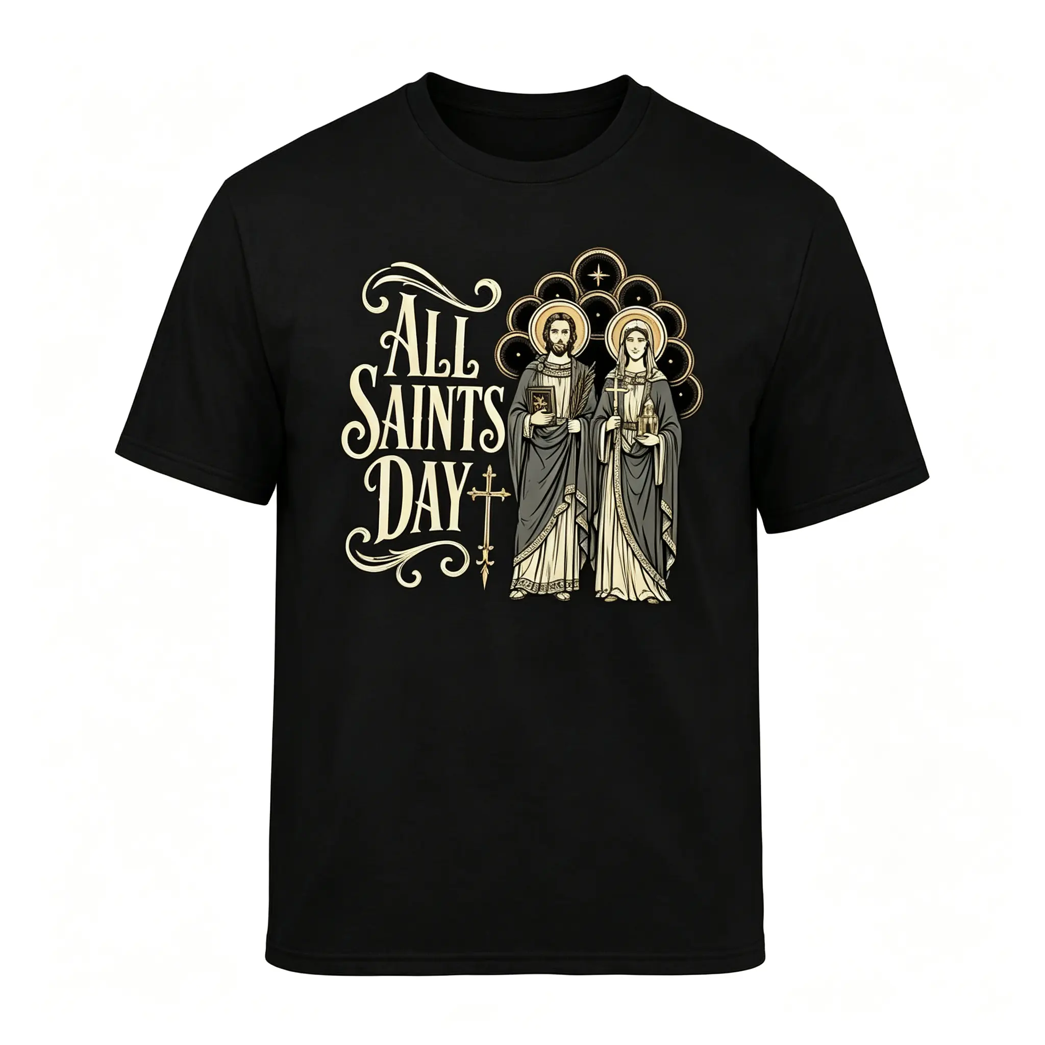 All Saints Day Vintage Religious Graphic T-Shirt Black Unisex Christian Soft Short Sleeve Tee