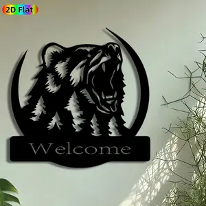 1pc Bear & Pine Tree Welcome Metal Wall Art, Forest Bear Statue Mural, Intricate Craftsmanship, Iron Craft, Perfect for Housewarming, Christmas Decor, Perfect for Living Room Cabin Garden Fence Decor, Ideal Gift for Wildlife Enthusiasts.