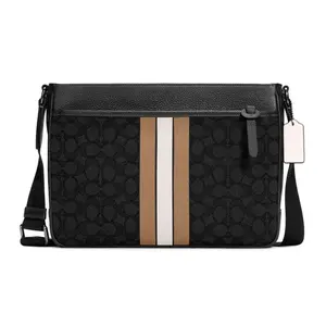 COACH Thompson 30 Classic Monogram Stripe Jacquard and Refined Pebbled Leather Briefcase, Men's Large Crossbody/Shoulder Bag, Black and Brown