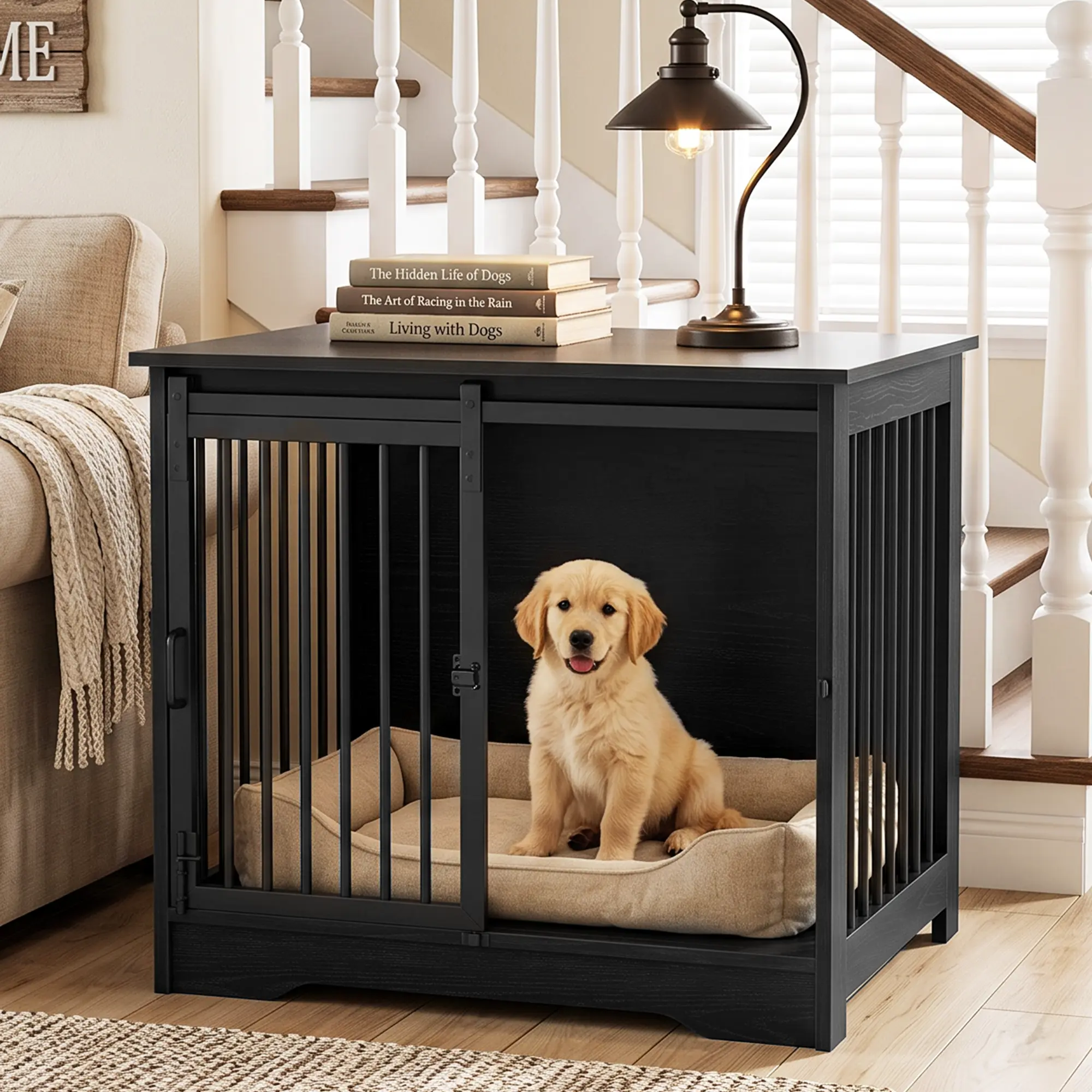 Hzuaneri 27.2" Dog Crate Furniture with Barn Door, Heavy Duty Dog Kennel Indoor with 2 Doors, Wooden Pet Cage End Table for Small Medium Dogs up to 22 lb, Anti-Chew Anti-Escape