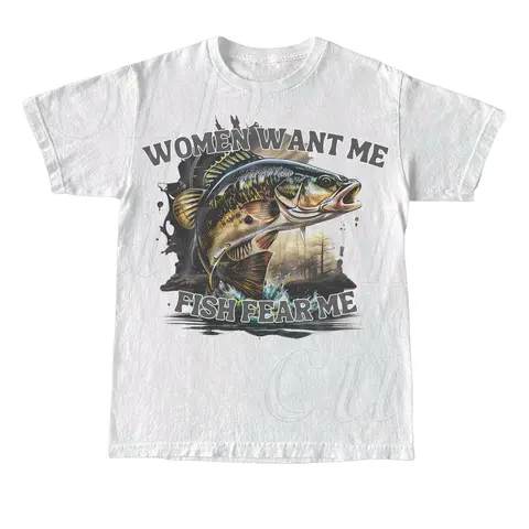 Women's High-Cotton Crew Neck Short Sleeve Tops - Vintage Fitted T-Shirt, Cartoon Fish Meme Art, Sarcastic "Women Want Me Fish Fear Me", Casual All Seasons Fisher Gift Top